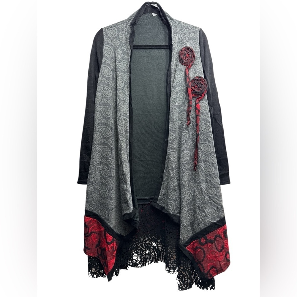 The Collection Royal Red Black Gray Paisley Asymmetrical Drape Cardigan Size S